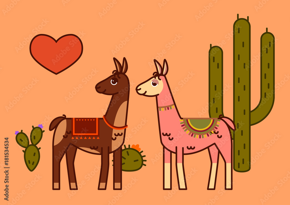 Naklejka premium Two llamas with heart, line art style, love concept, illustration for valentine's day greeting card