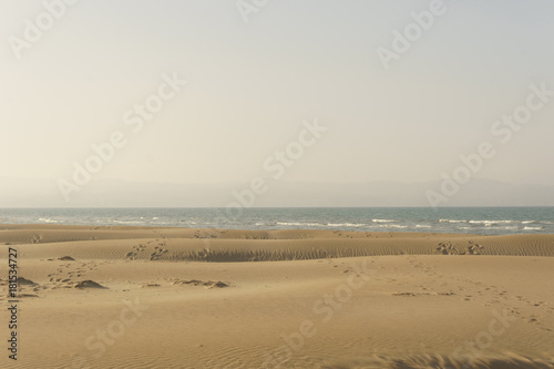 sand dunes with ocean at background