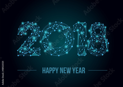 Abstract mash line and point 2018. Vector New Year illustration. Polygonal low poly future technology background. Geometric Greeting card. 