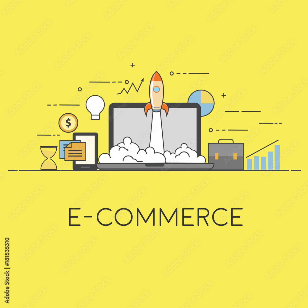 Naklejka premium E-commerce startup. Vector illustration with rocket launch and laptop on the background.
