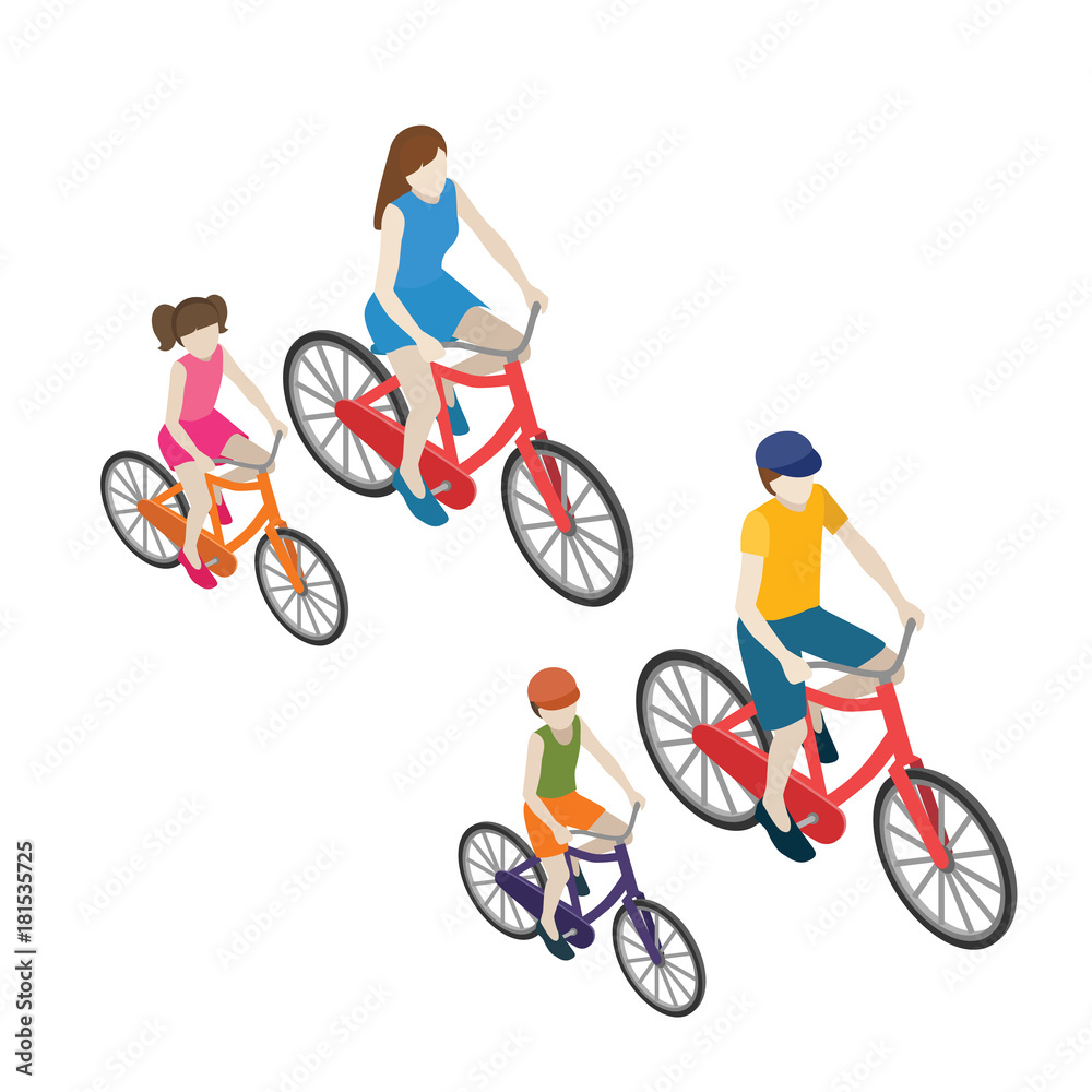 Family cyclists riding on a bicycle. Flat 3d isometric vector illustration. Mother, father, daughter and son. Family cyclists riding on a bicycle. Flat 3d isometric vector illustration. Mother, father, daughter and son.
