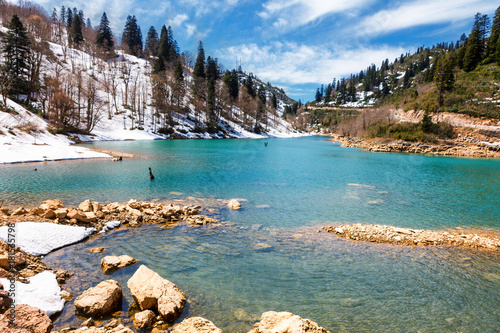 Frozen crystal blue lake and snowy woodland in winter Georgia. Shaori lake, Racha. Caucasus. Colorful vibrant outdoors
