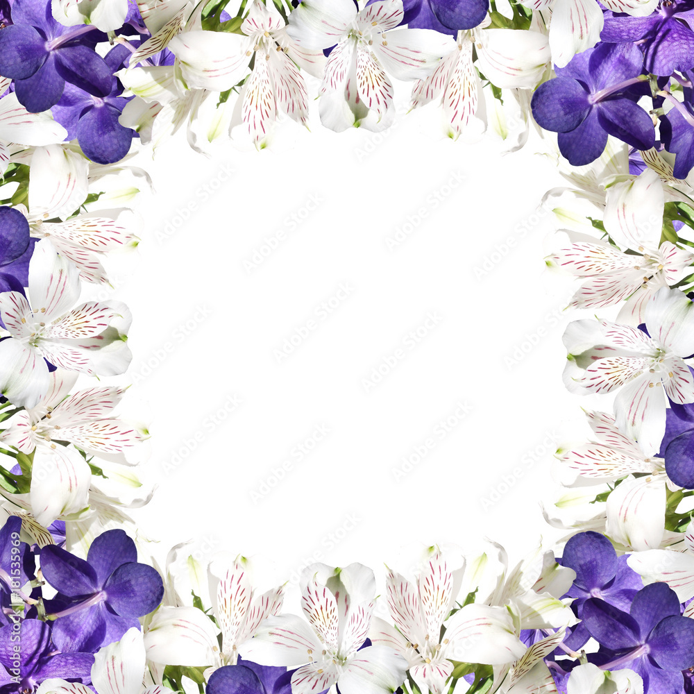 Beautiful floral background of white alstroemerias and orchids vanda  