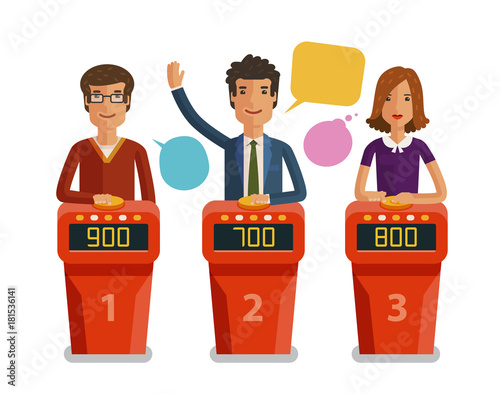 Quiz show, game concept. Players answering questions standing at stand with buttons. Vector flat illustration