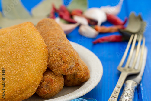 portuguese meat appetizer croquettes and rissois photo