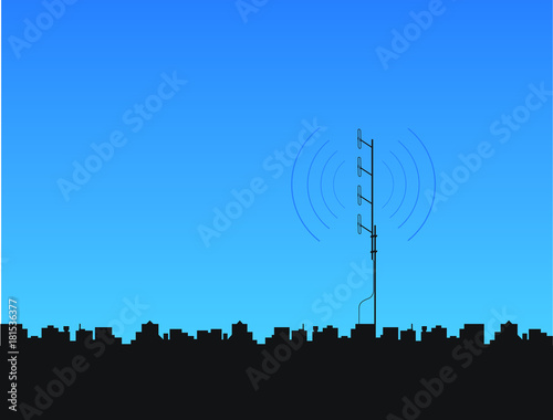 silhouette skyline with VHF narrowband radio communications technology