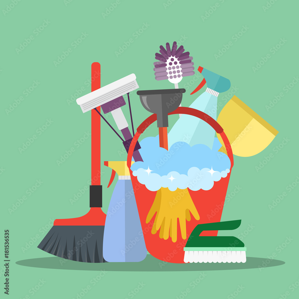 Cleaning equipment. Cleaning service concept. Poster template for house