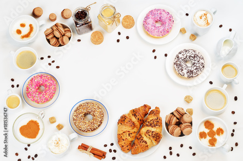 White background with different types of coffee and desserts to them