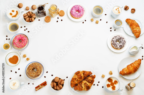 White background with different types of coffee and desserts to them