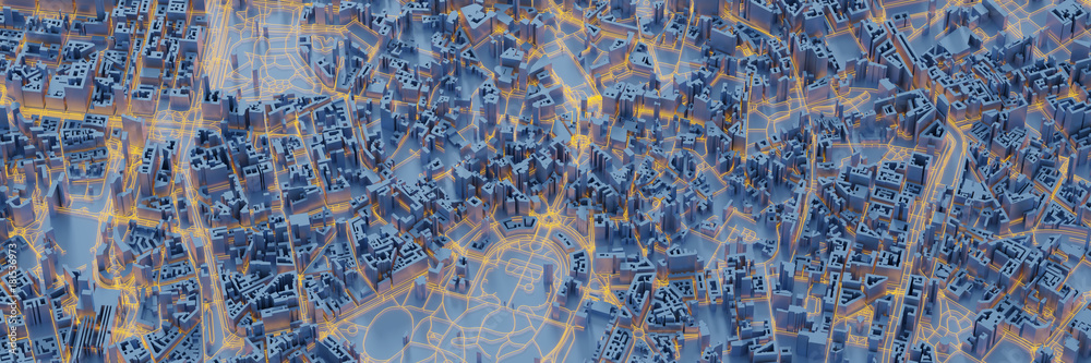 Fototapeta premium Techno mega city; koncepcje technologii miejskich i futurystycznych, oryginalny rendering 3d