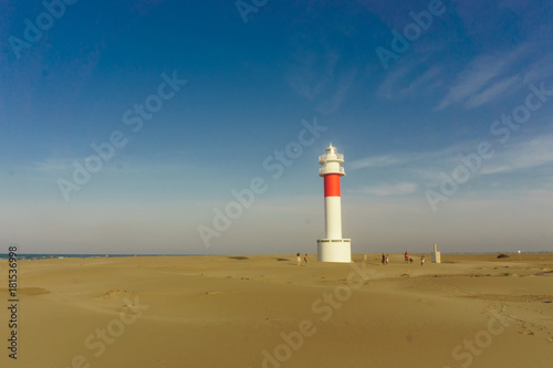 Panoramic view of Lighthouse  el Far del Fangar  on Delta de l ebre natural park  tarragona  Catalonia  Spain.