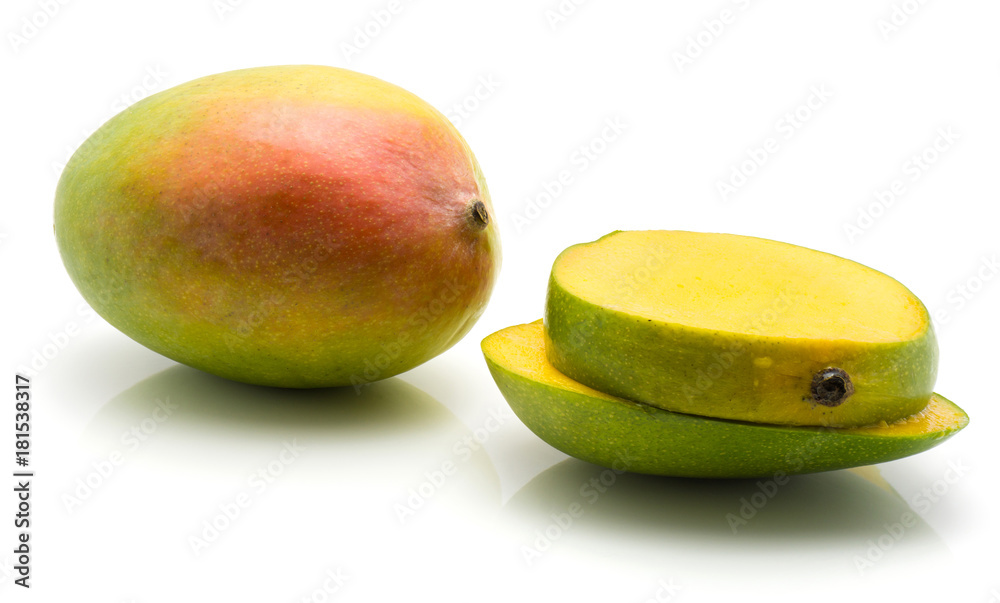Sliced mango isolated on white background one whole two slices. Sliced mango isolated on white background one whole two slices.
