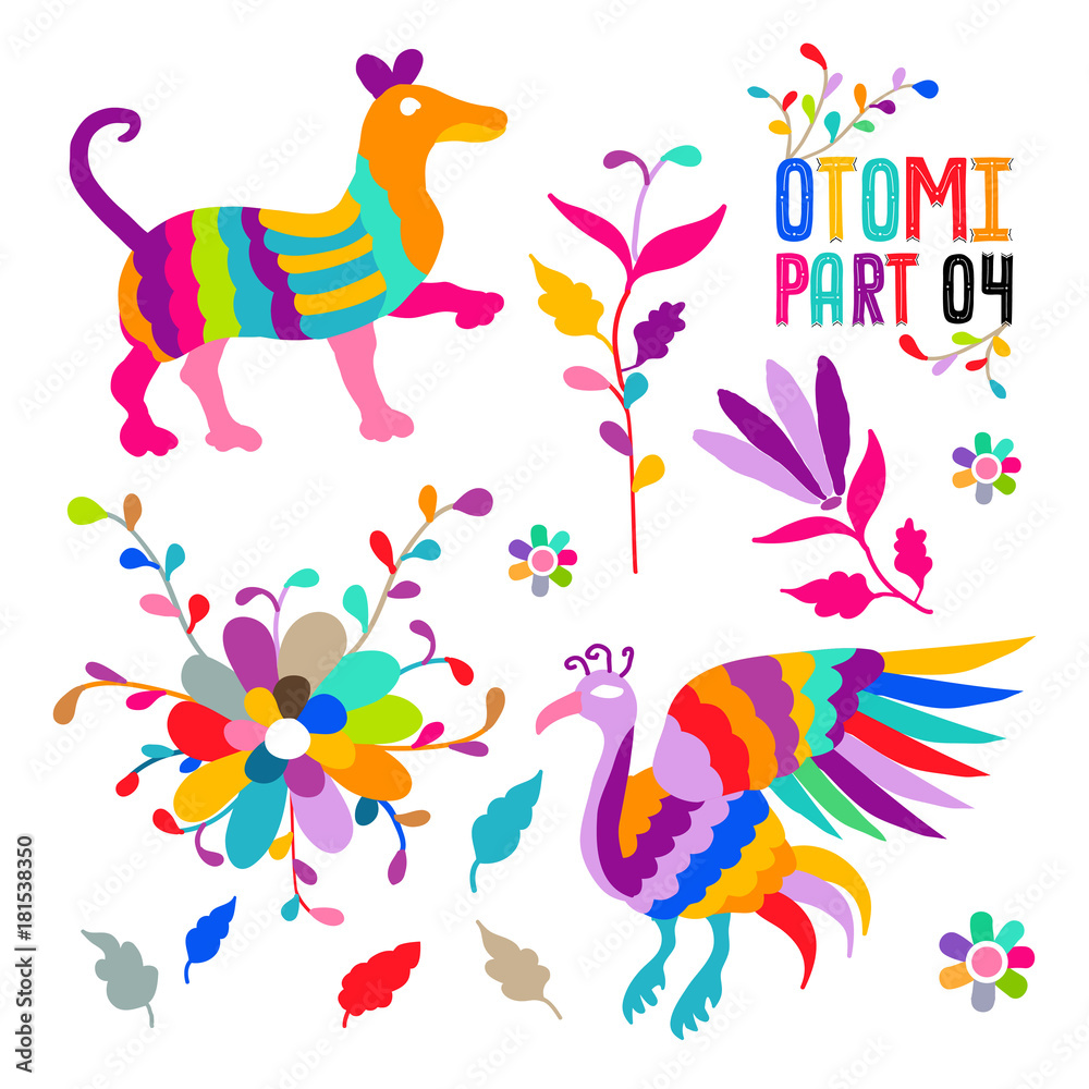 Fototapeta premium Vector folk Mexican Otomi Style embroidery Pattern set. Folk embroidery ornament elements.