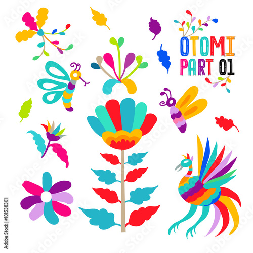 Vector folk Mexican Otomi Style embroidery Pattern set. Folk embroidery ornament elements.