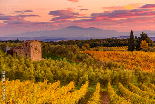 Panoramic view of the Chianti region in Tuscany, Italy. with an abandoned farmhouse. Autumn season.