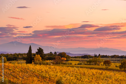 Panoramic view of the Chianti region in Tuscany, Italy. Autumn season.