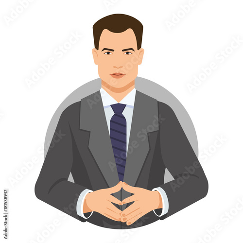 Serious businessman linking fingers icon