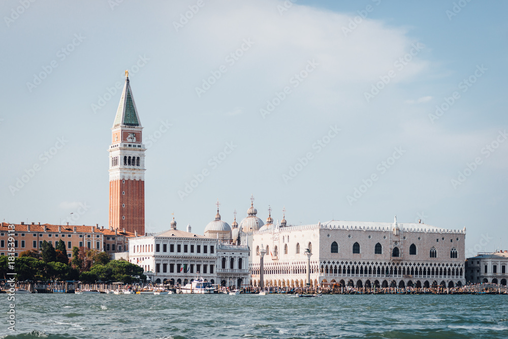 Piazza San Marco with Campanile of St. Mark's Cathedral (Campanile di San Marco), Doge's Palace (Palazzo Ducale) wiew from Grand Canal, Venice, Italy