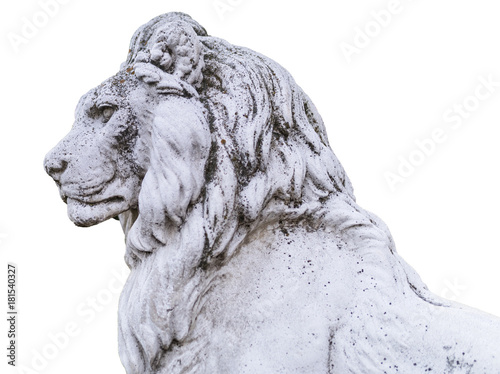 Portrait of a noble and regal male lion stone statue in a stately home garden in England, UK