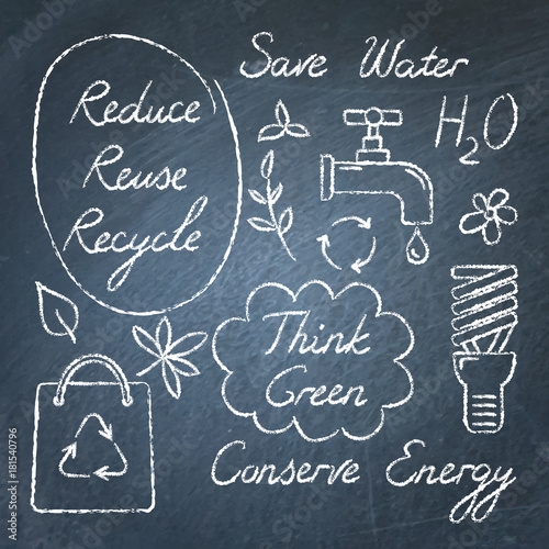 Set of chalkboard ecology symbols and lettering