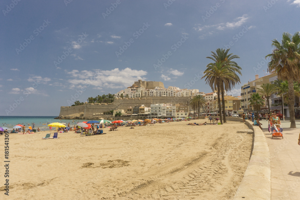 Peñiscola, Spain, August 19, 2017: General view from touristic beach. Peñiscola it's one important touristic place in Spain.