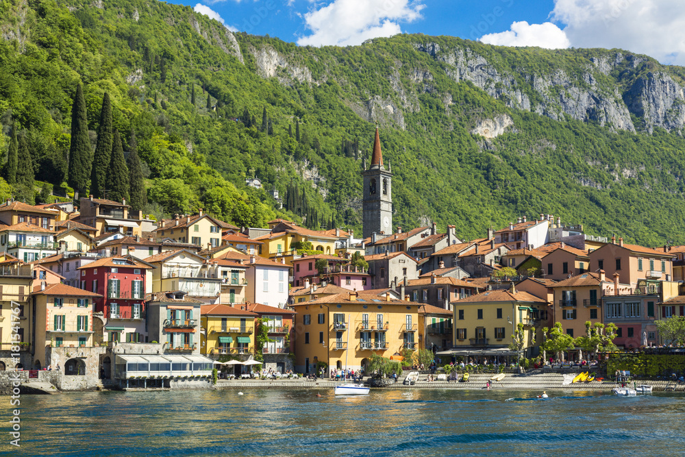 Lake Como and colorful Varenna town in Italy