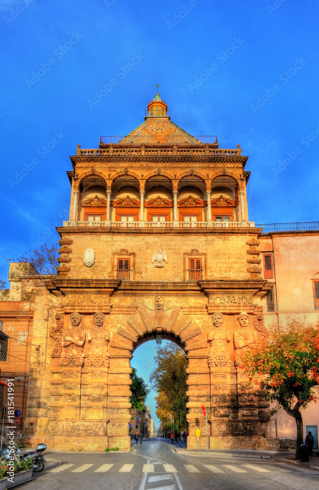 Porta Nuova, a monumental city gate of Palermo. Sicily, Italy