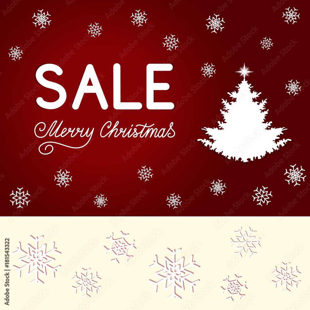 Lettering Sale, Merry Christmas, fir tree with white snowflakes on a red background. Winter concept for banner, poster, coupons, cards, invitations for shopping. Ads, Deals. Vector illustration EPS 8