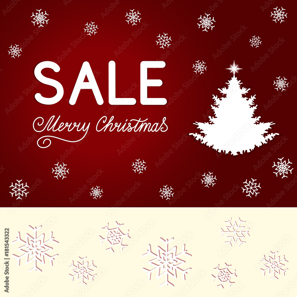 Lettering Sale, Merry Christmas, fir tree with white snowflakes on a red background. Winter concept for banner, poster, coupons, cards, invitations for shopping. Ads, Deals. Vector illustration EPS 8 Lettering Sale, Merry Christmas, fir tree with white snowflakes on a red background. Winter concept for banner, poster, coupons, cards, invitations for shopping. Ads, Deals. Vector illustration EPS 8