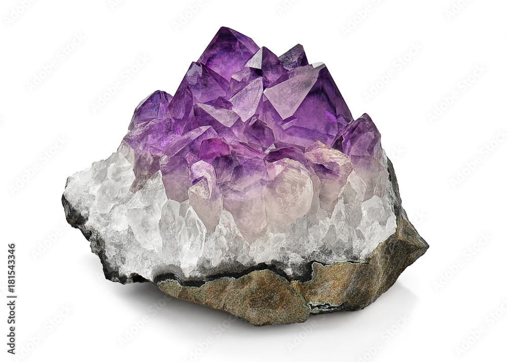 Crystal Stone macro mineral, purple rough amethyst quartz crystals on white background - obrazy, fototapety, plakaty 