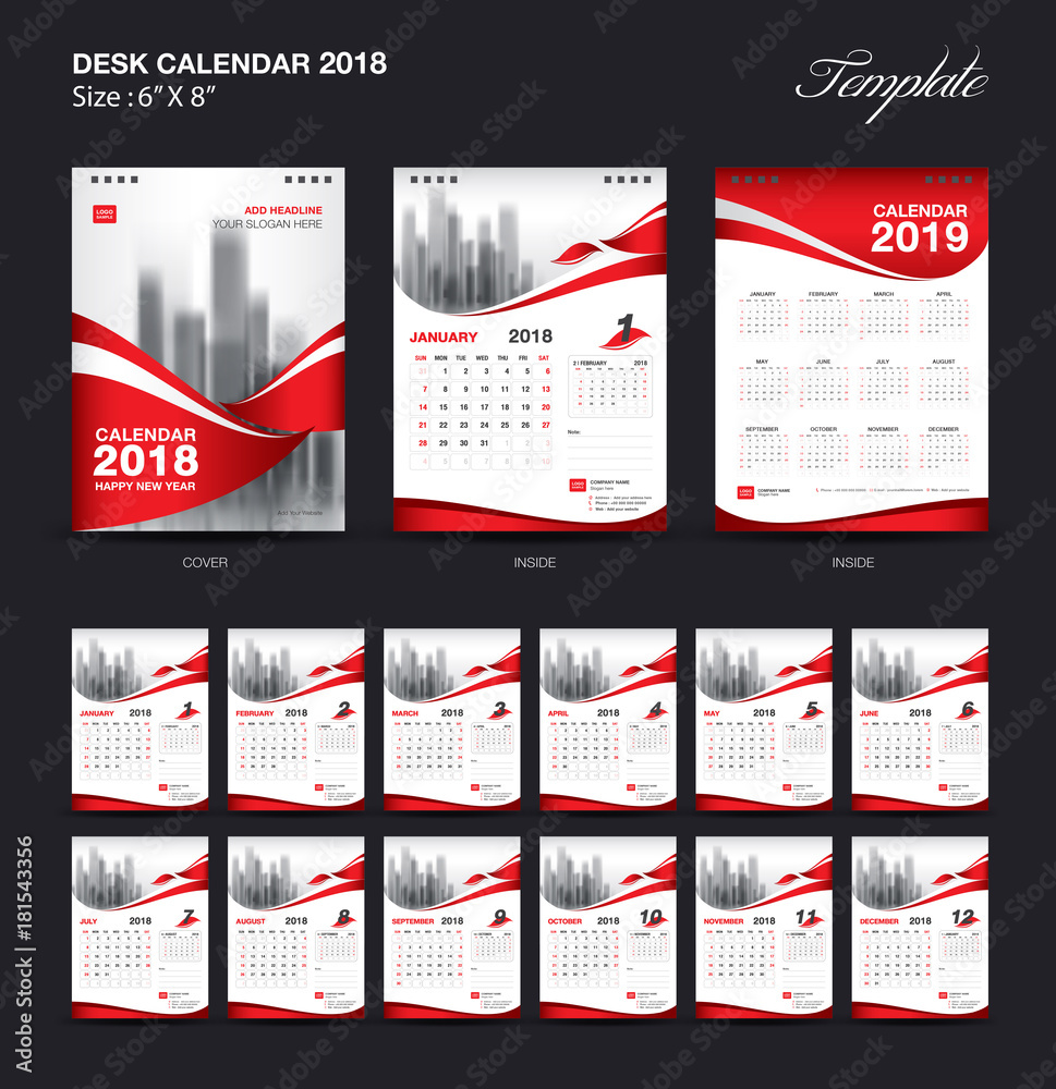 Set red Desk Calendar 2018 year size  6 x 8 inch template, Set of 12 Months, advertising