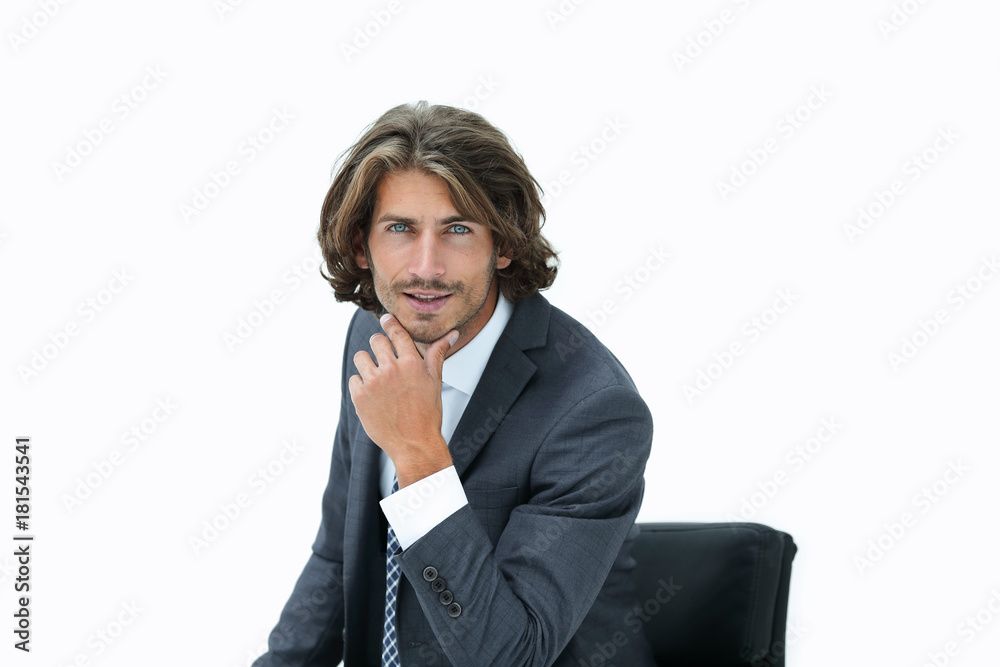 Portrait businessman sitting on chair and thinking Portrait businessman sitting on chair and thinking