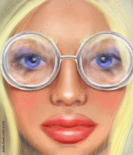 Blonde girl in transparent glasses in the style of digital oil painting