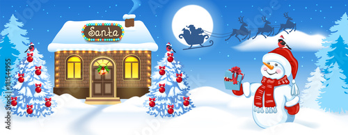 Christmas card with Snowman, brick house and Santa's workshop against winter forest background and Santa Claus in sleigh with reindeer team flying in the moon sky