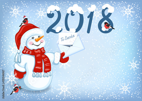 Christmas card with Snowman in Santa cap with Christmas letter for Santa Claus, bullfinches and inscription 2018
