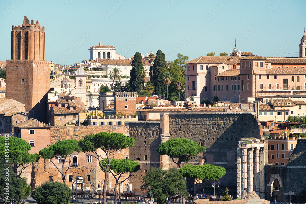 Ancient roman forum in the city, autumn Italy