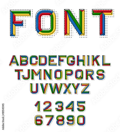 Vector linear font. 80 s retro alphabet font. Color alphabet in retro style for the design of your project. Vector illustration 10.