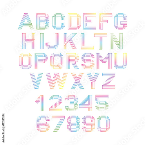 Vector linear font. Alphabet multicolored lines. Simple and minimalist alphabet in mono line style.Digital alphabet