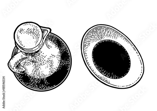 Soy sauce in glass bottle and bowl. Vintage black engraving
