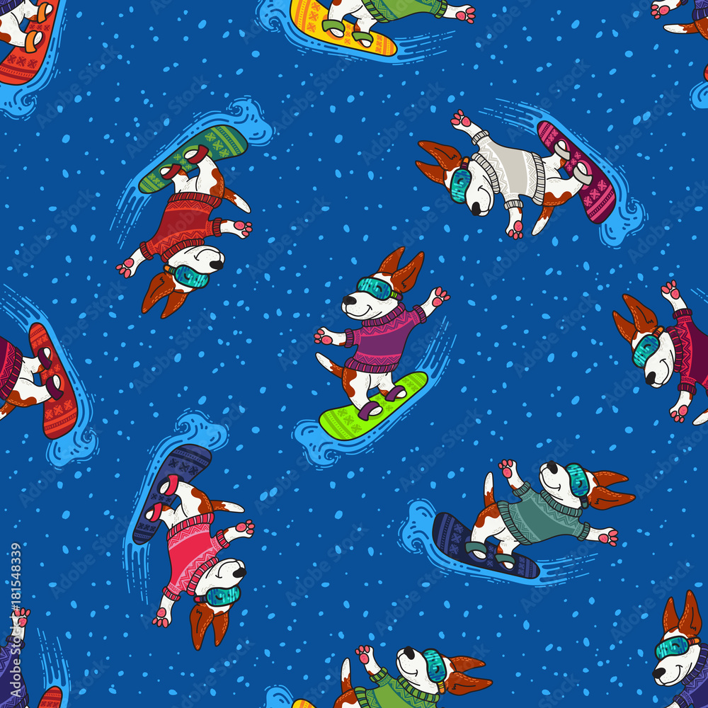 Winter greeting design with dogs in colorful sweaters are nowboarding Winter greeting design with dogs in colorful sweaters are nowboarding