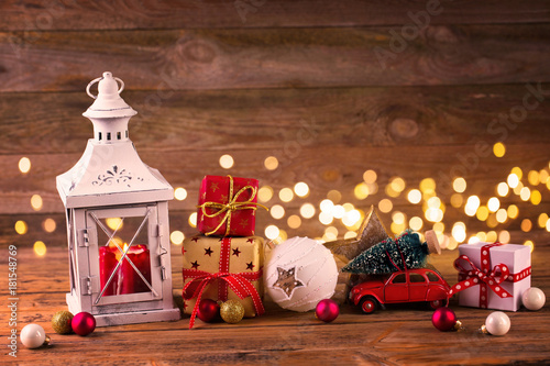 Fototapeta Christmas decoration with lantern and gift boxes