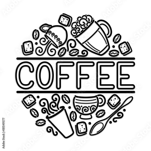 Coffee House Singboard Template with Cups, Swirl Hot Steam, Graines and Sugar. Restaurant, Cafe Label, Design Element. Doodle Style. Advertisement Flyer, Poster. Vector Line Art Illustration