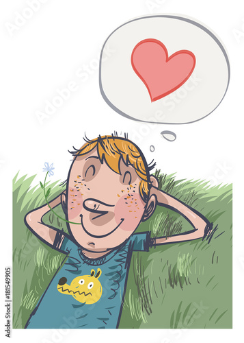 Young boy dreams of love. Vector illustration