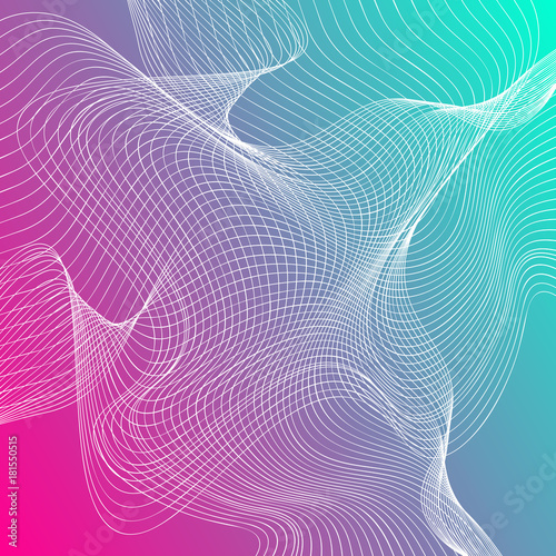 Colorful abstract background with thin line white smoke wave on turquoise  pink layout. Vector illustration.