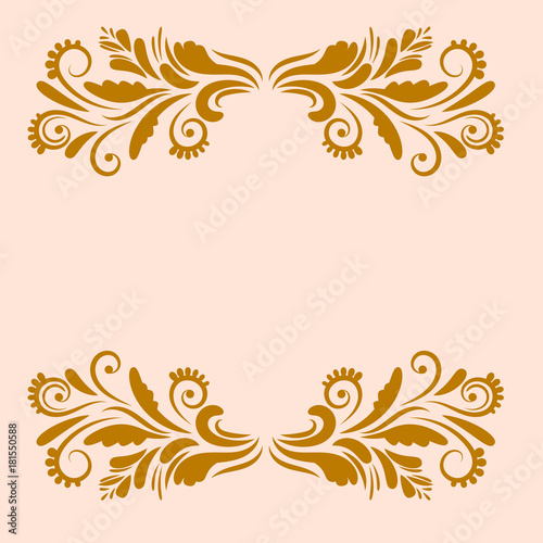 Gold ornamental greeting, congrats card with curly floral borders isolated on pink background. Vector illustration.
