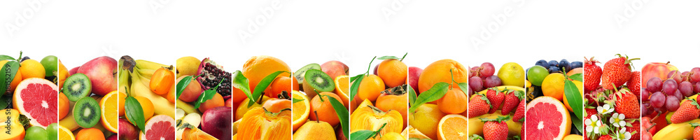 Panoramic collection fresh fruits isolated on white. Panoramic collection fresh fruits isolated on white.