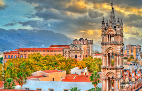 Tower of Palermo Cathedral and Palazzo dei Normanni at sunset - Sicily, Italy