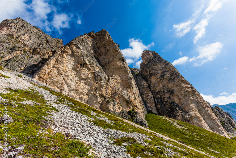Awesome vertical dolomitic pinnacles of Mount Settsass, Valparola Pass, Dolomites, Italy