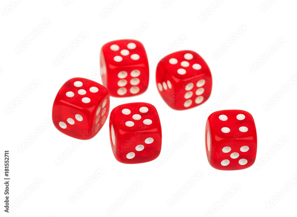 five red dices five on white background five red dices five on white background