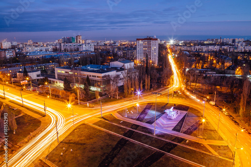 Night Voronezh, aerial view to road junction ring near airplane memorial in south-west district